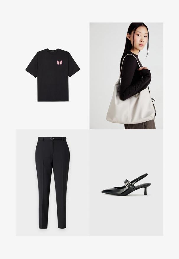 Juodas medvilnės marškinėliai trumpomis rankovėmis, su maža rožine drugelio grafika kairėje krūtinės pusėje. Apvalus kaklo iškirpimas, laisvas kirpimas.; Juodos pritaikytos kelnės su siauru siluetu, turinčios diržo kilpas juosmens srityje ir vieną metalinį akcentą priekyje. Slydusi audinio tekstūra.; Juodai lakuoti slingback aukštakulniai su smailiu kojų pirštu ir mažais blokiniais kulniukais, su sidabro sagtimi ant dirželio.; Bežinė rankinė, pagaminta iš minkštos medžiagos, turinti laisvą dizainą, siuvinėtas detalės ir dvi petnešos. Tinkama kasdieniam naudojimui.