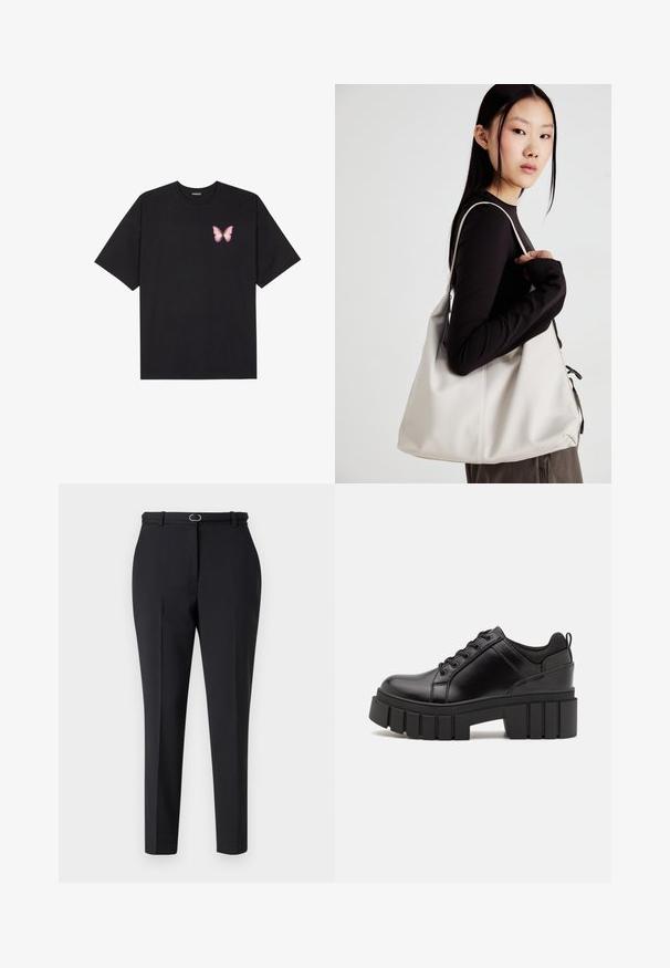 Must muströöpidega must puuvillane T-särk, vasakul rinnal on väike roosa liblikas. Ümar kaelus ja vabalt istuv lõige.; Mustad kohandatud mustad püksid, millel on kitsas lõige, vöökohaga ning esiosas ühe metallringiga aktsent. Sile kangas.; Must musta platvormsussid paksu plokkninal, ümmarguse varbaga ja traditsioonilise nööridega kinnitamisega. Sussid on sileda tekstuuriga ja minimaalsete detailidega.; Bež käekott pehme materjali, millel on lõtv disain, õmblustega detailid ja kaks õlarihma. Sobib igapäevaseks kasutamiseks.