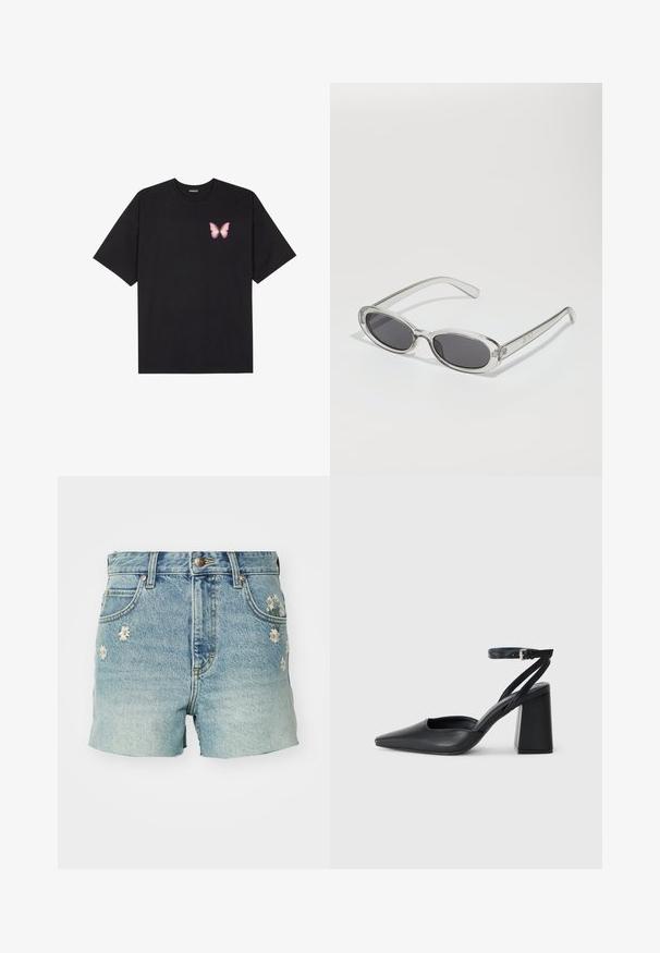 Musta puuvillapaita lyhyillä hihoilla, jossa on pieni vaaleanpunainen perhosgrafiikka vasemmassa rinnassa. Pyöreä kaula-aukko ja rento istuvuus.; Vaaleansiniset farkkushortsit haalistuneella pinnalla, joissa on valkoista kukkaraidankuvaa edessä, klassinen viiden taskun muotoilu ja revitty helma.; Mustat nahkakengät, joissa on kapea kärki, nilkkaremmi ja paksu korko. Tasainen pinta, tyylikäs muotoilu ja minimalistinen estetiikka.; Aurinkolasit, joilla on soikea muoto, kirkas muovikehys, tummanharmaat linssit ja ohuet läpinäkyvät varret, joissa on logovihjeitä ja minimaalista yksityiskohtia.; Mustapahkainen kangaskassi, jossa on sileä pinta, suorakaiteen muotoinen ja kaksi pitkää kahvaa. Ei näkyvää metalliosaa tai koristeita.