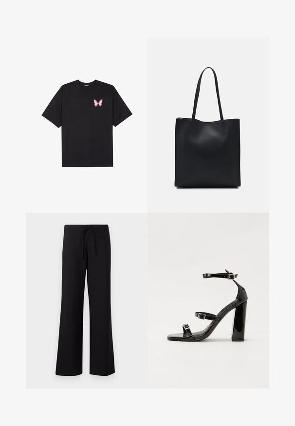 T-shirt en coton noir à manches courtes, avec un petit graphique de papillon rose sur la poitrine gauche. Modèle à col rond avec une coupe décontractée.; Pantalons larges noirs en tissu doux, dotés d'une taille à cordon de serrage et d'une texture lisse, conçus pour le confort et la polyvalence.; Sandales à talons vernies noires avec un bout carré, des sangles autour de la cheville et des boucles en argent. Dotées d'un talon bloc épais pour plus de stabilité.; Sac fourre-tout en cuir noir avec une texture lisse, de forme rectangulaire et deux longues poignées. Pas de matériel ou d'ornementations visibles.