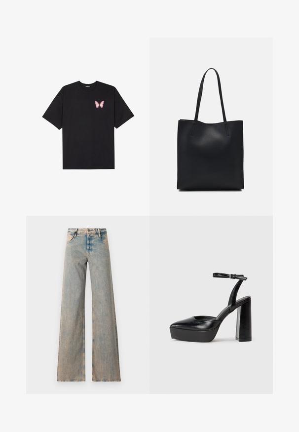 Black cotton t-shirt with short sleeves, featuring a small pink butterfly graphic on the left chest. Crew neck design with a relaxed fit.; Light blue wide-leg jeans with a faded texture, featuring a five-pocket design and belt loops, crafted from denim fabric.; Black platform heels with a pointed toe and adjustable ankle strap. Constructed from smooth leather, featuring a chunky block heel.; Black leather tote bag with smooth texture, rectangular shape, and two long handles. No visible hardware or embellishments.