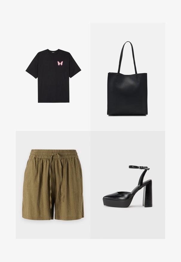 Črna bombažna majica s kratkimi rokavi, ki ima majhen roza metuljček na levi strani prsnega dela. Majica s krožnim ovratnikom in sproščenim krojem.; Olivno zeleni kratki hlače na gumbe, izdelane iz lahkega materiala, z elastičnim pasom in vrvico, sproščenega, širokega kroja.; Črne platforme z visokimi petami in koničastim nosom ter nastavljivim gležnjenjskim trakom. Narejene iz gladke usnje, s kockasto peto.; Črna usnjena torba s svilnato teksturo, pravokotne oblike in dvema dolgima ročajema. Brez vidnih metalnih delov ali okrasnih elementov.