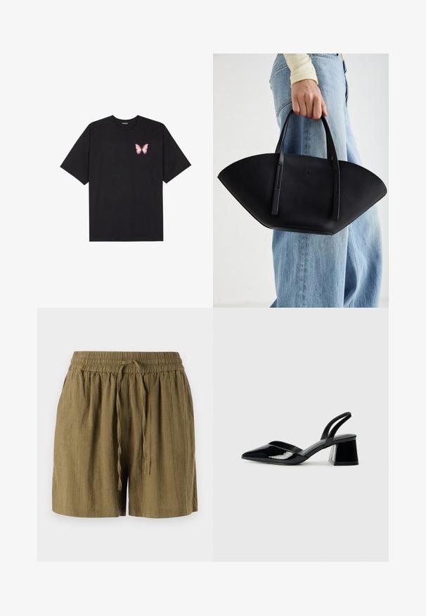 Black cotton t-shirt with short sleeves, featuring a small pink butterfly graphic on the left chest. Crew neck design with a relaxed fit.; Olive green pull-on shorts made of lightweight fabric, featuring an elastic waistband and drawstring, with a relaxed, loose fit.; Black patent leather slingback heels with a pointed toe and a geometric block heel. Features a sleek, minimal design and smooth texture.; Black leather handbag with a unique fan shape, featuring flat handles. The surface has a pebbled texture and a minimalistic design.
