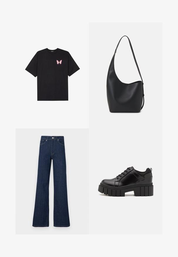 Tricou negru din bumbac cu mâneci scurte, având pe partea stângă a pieptului un mic grafic cu un fluture roz. Design cu guler rotund și croială lejeră.; Jeans din denim de culoare albastru închis, cu croială largă și talie înaltă, având cusături vizibile și închidere prin buton la față.; Pantofi cu talpă plată din piele neagră, cu toc gros, vârf rotund și design tradițional cu șireturi. Prezintă o textură netedă și detalii minime.; Geantă hobo din piele neagră, cu o textură netedă, formă curbată și un singur bretele ajustabil; are o deschidere largă în partea de sus.