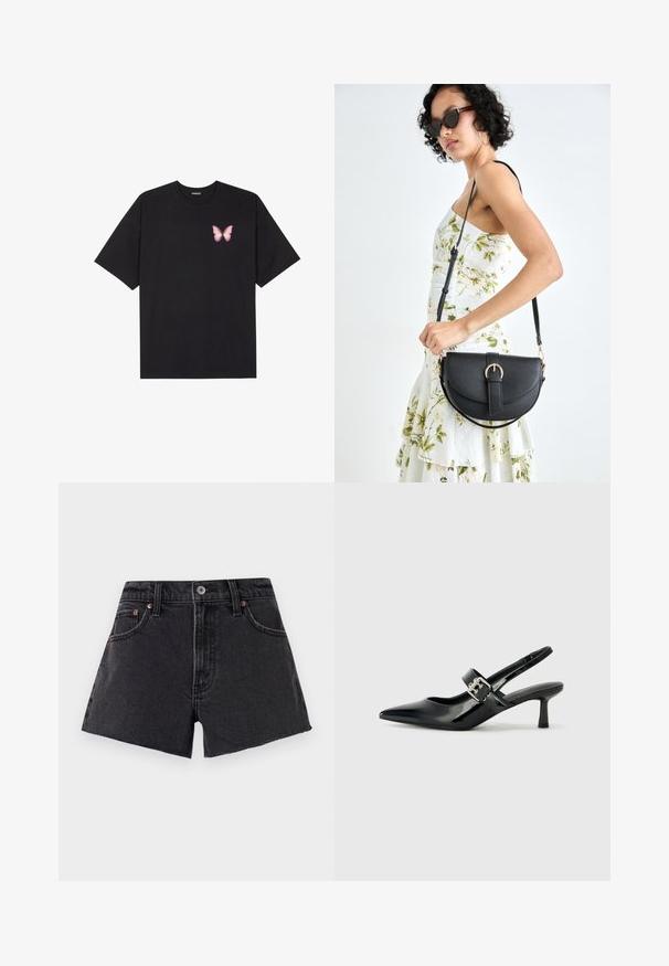 T-shirt en coton noir à manches courtes, avec un petit graphique de papillon rose sur la poitrine gauche. Modèle à col rond avec une coupe décontractée.; Shorts en denim noir avec taille haute, ourlet effiloché, poches avant et rivets couleur cuivre. Texture lisse et coupe classique.; Escarpins slingback en cuir verni noir avec un bout pointu et un petit talon bloc, mettant en avant un accent en boucle argentée sur la sangle.; Sac à main en cuir noir avec une forme courbée, bandoulière amovible et des accessoires en or. Le sac est doté d'un rabat avec un détail de boucle.