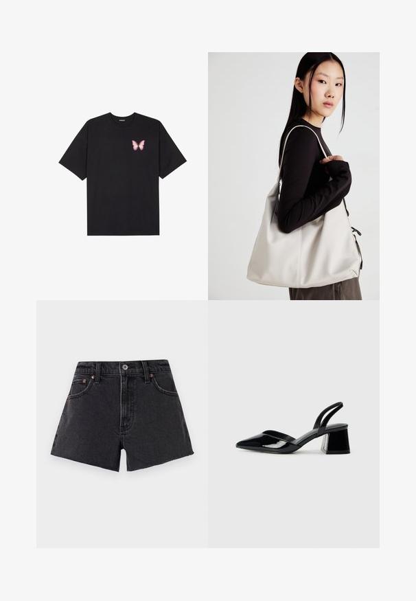Black cotton t-shirt with short sleeves, featuring a small pink butterfly graphic on the left chest. Crew neck design with a relaxed fit.; Black denim shorts with a high waist, frayed hem, front pockets, and copper-tone rivets. Smooth texture and classic cut.; Black patent leather slingback heels with a pointed toe and a geometric block heel. Features a sleek, minimal design and smooth texture.; Beige handbag made of soft material, featuring a slouchy design, stitched detailing, and two shoulder straps. Suitable for everyday use.