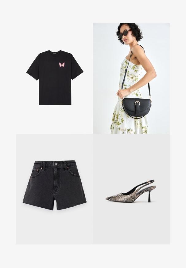 Camiseta de algodón negra de manga corta, con un pequeño gráfico de mariposa rosa en el lado izquierdo del pecho. Diseño de cuello redondo con un corte relajado.; Shorts de mezclilla negra con cintura alta, dobladillo desflecado, bolsillos frontales y remaches en tono cobre. Textura suave y corte clásico.; Zapatos slingback de punta afilada fabricados con un material de estampado de serpiente texturizado, con un delgado tacón negro y un diseño recortado en los laterales.; Bolso de piel negra con forma curva, correa desmontable y herrajes dorados. El bolso cuenta con una solapa con un detalle de hebilla.