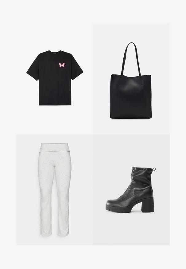 Musta puuvillapaita lyhyillä hihoilla, jossa on pieni vaaleanpunainen perhosgrafiikka vasemmassa rinnassa. Pyöreä kaula-aukko ja rento istuvuus.; ONLY Play ONPFOLD LIFE JAZZ - Verryttelyhousut - light grey; Mustat nilkkurit, jotka on valmistettu sileästä nahasta. Niissä on sivuvetoketju, paksu teksturoitu korko ja pyöristetty kärki.; Mustapahkainen kangaskassi, jossa on sileä pinta, suorakaiteen muotoinen ja kaksi pitkää kahvaa. Ei näkyvää metalliosaa tai koristeita.