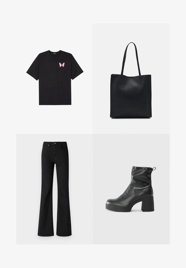 T-shirt de algodão preto com mangas curtas, apresentando um pequeno gráfico de borboleta rosa no lado esquerdo do peito. Design de gola redonda com um corte solto.; Jeans pretos de perna larga feitos de denim com cintura alta, apresentando cinco bolsos, botão frontal e fecho de zíper, textura suave.; Botas de tornozelo pretas feitas de couro liso, com fecho lateral, salto grosso texturizado e design de bico arredondado.; Bolsa tote preta em couro com textura lisa, forma retangular e duas alças longas. Sem hardware ou enfeites visíveis.