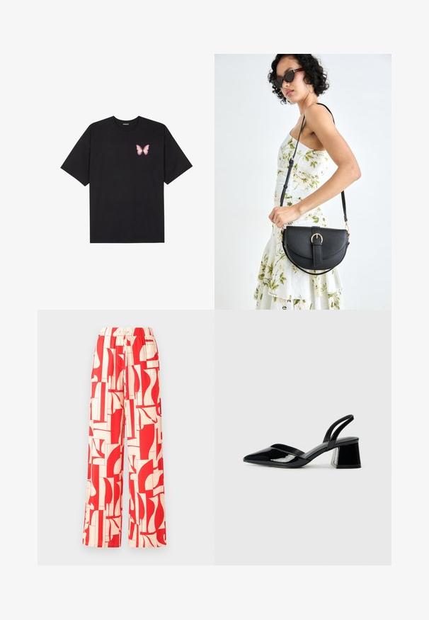 Black cotton t-shirt with short sleeves, featuring a small pink butterfly graphic on the left chest. Crew neck design with a relaxed fit.; Red patterned wide-leg pants featuring an elastic waistband, comprised of lightweight fabric with abstract shapes in red and cream.; Black patent leather slingback heels with a pointed toe and a geometric block heel. Features a sleek, minimal design and smooth texture.; Black leather handbag with a curved shape, detachable strap, and gold hardware. The bag features a flap with a buckle detail.