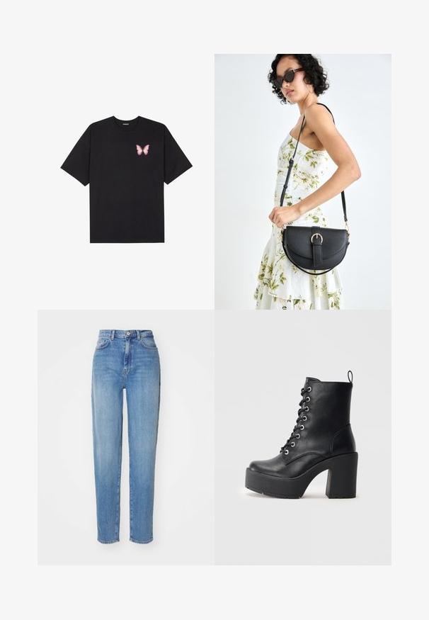 Svart bomulls T-skjorte med korte ermer, med en liten rosa sommerfugl grafikk på venstre bryst. Crew-neck design med en avslappet passform.; Lyseblå høy midje jeans med rett ben. Laget av denim, med fem lommer og front knappelukking. Glatt tekstur.; Sorte læder ankelstøvle med en kraftig blokhæl, snøre foran og tekstureret overflade. Har en flap på bagsiden for nem påtagning.; Svart lærveske med en buet form, avtagbar stropp og gullbeslag. Vesken har et klaff med spenne-detall.