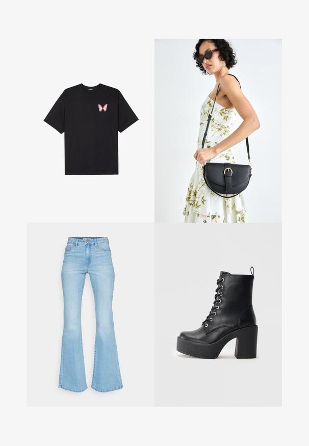 T-shirt de algodão preto com mangas curtas, apresentando um pequeno gráfico de borboleta rosa no lado esquerdo do peito. Design de gola redonda com um corte solto.; Jeans de ganga azuis claros com corte flare, apresentando uma cintura alta, bolsos frontais e um acabamento limpo nas bainhas com costura visível.; Botim de pele preta até ao tornozelo com um salto bloco chunky, frente com atacadores e superfície texturizada. Apresenta uma lingueta na parte de trás para um uso fácil.; Bolsa de couro preta com forma curva, alça destacável e detalhes em dourado. A bolsa possui uma aba com detalhe de fivela.