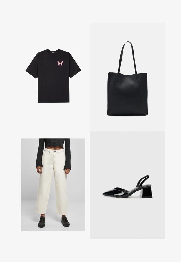 Tricou negru din bumbac cu mâneci scurte, având pe partea stângă a pieptului un mic grafic cu un fluture roz. Design cu guler rotund și croială lejeră.; Pantaloni din denim largi, de culoare off-white, cu talie înaltă, dintr-un material rezistent, și închidere frontală cu nasture; asortați cu un top negru cu mâneci lungi, scurt.; Pantofi cu toc slingback din piele lacuită neagră, cu vârf ascuțit și toc geometric. Prezintă un design elegant, minimalist și o textură netedă.; Geantă tote neagră din piele, cu textură netedă, formă rectangulară și două mânere lungi. Fără hardware vizibil sau ornamente.