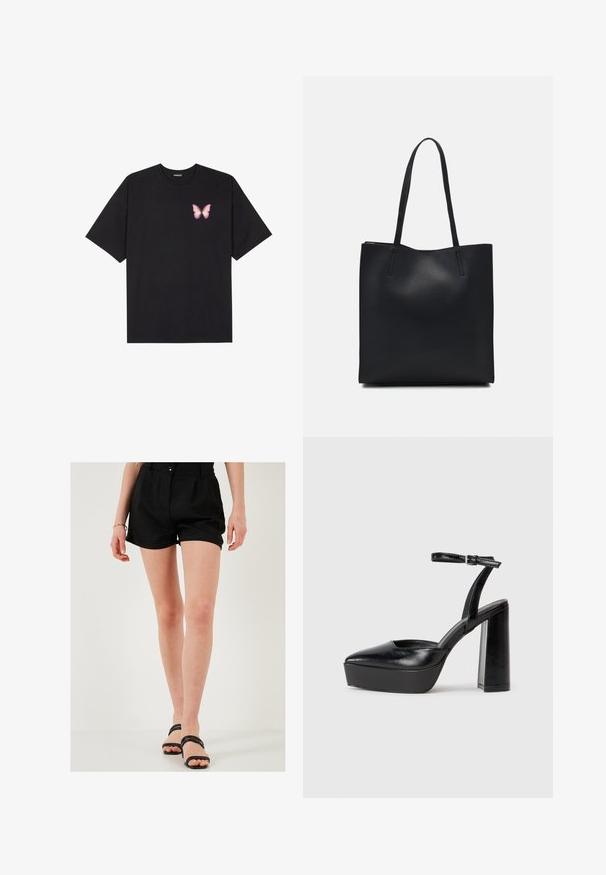 Tricou negru din bumbac cu mâneci scurte, având pe partea stângă a pieptului un mic grafic cu un fluture roz. Design cu guler rotund și croială lejeră.; Pantaloni scurți din in negri, cu o croială ajustată, având plii frontale și o închidere cu un singur nasture. Asortați cu sandale negre tip slip-on.; Pantofi cu toc platformă negri, cu vârful ascuțit și curea reglabilă la gleznă. Confecționați din piele netedă, având un toc gros.; Geantă tote neagră din piele, cu textură netedă, formă rectangulară și două mânere lungi. Fără hardware vizibil sau ornamente.