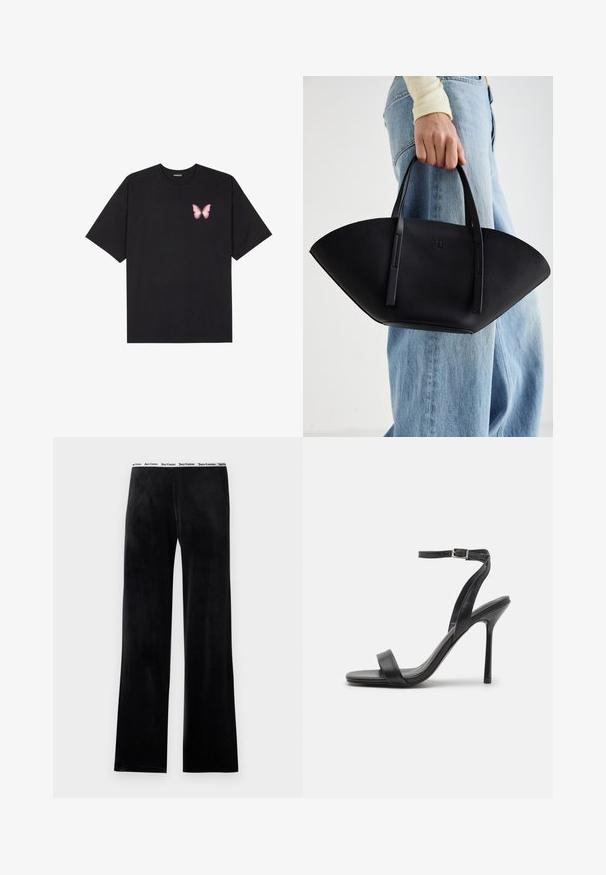 Svart bomullströja med korta ärmar, med en liten rosa fjärilsgrafik på vänster bröst. Rundad halsdesign med en avslappnad passform.; Svarta fleecebyxor med raka ben, med en vit elastisk midjeband med varumärkets logotyp. Mjuk textur, inga ytterligare mönster.; Svart högklackad sandal med en smal ankelrem och två framband. Tillverkad av mjukt läder med en stilren spetsig tå och stiletthäl.; Svart läderhandväska med en unik fläktform, som har platta handtag. Ytan har en pebblad textur och en minimalistisk design.