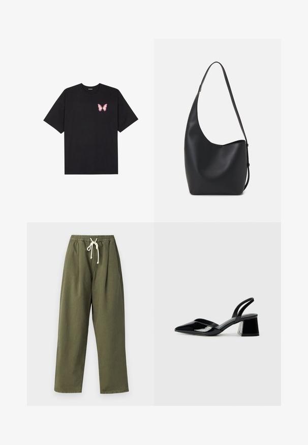 Juodas medvilnės marškinėliai trumpomis rankovėmis, su maža rožine drugelio grafika kairėje krūtinės pusėje. Apvalus kaklo iškirpimas, laisvas kirpimas.; Alkoholio žaliai plačių kojų kelnės su elastinga juosmeniu ir balta virvele. Audinys turi subtilų įdubtą tekstūrą.; Juodos lakuotos odinės šlepetės su smailiu pirštu ir geometriniu bloko kulnu. Turi elegantišką, minimalistinį dizainą ir lygų paviršių.; Juodas odinis hobo maišas su lygiu paviršiumi, kreipta forma ir viena reguliuojama rankena; turi platų atidarymą viršuje.