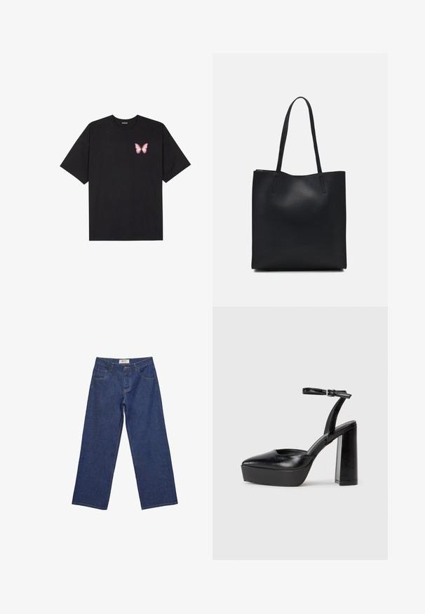 Črna bombažna majica s kratkimi rokavi, ki ima majhen roza metuljček na levi strani prsnega dela. Majica s krožnim ovratnikom in sproščenim krojem.; Modre kavbojke s ravnimi nogavicami, sprednjim gumbom in zadrgo, dvema sprednjima žepoma ter zanke za pas.; Črne platforme z visokimi petami in koničastim nosom ter nastavljivim gležnjenjskim trakom. Narejene iz gladke usnje, s kockasto peto.; Črna usnjena torba s svilnato teksturo, pravokotne oblike in dvema dolgima ročajema. Brez vidnih metalnih delov ali okrasnih elementov.