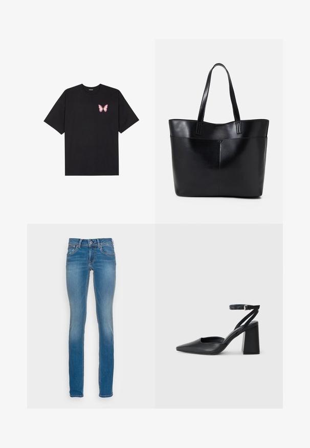T-shirt de algodão preto com mangas curtas, apresentando um pequeno gráfico de borboleta rosa no lado esquerdo do peito. Design de gola redonda com um corte solto.; Calças de ganga azul claro, com um corte slim, cinco bolsos e costura laranja em contraste, apresentando um fecho com botão e zipper.; Sandal com biqueira afilada em couro preto, com cinta no tornozelo e salto grosso. Textura lisa, design elegante e estética minimalista.; Bolsa tote preta em couro com duas alças longas, textura suave e forma estruturada. Apresenta um bolso frontal para armazenamento adicional.