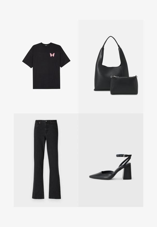 Melna kokvilnas T-krekls ar īsām piedurknēm, kuram priekšā kreisajā pusē ir neliels rozā tauriņa grafiskais attēls. Ar apaļu kaklu un brīvā stila piegriezumu.; Melni izplūdes džinsi no denima, ar pogu un rāvējslēdzēju, priekšējiem kabatām un redzamu šuvju šuvēm.; Melna ādas augstpapēžu kurpe ar norakstīto purngala formu, potītes siksniņu un masīlu papēdi. Gluda tekstūra, elegants dizains un minimālisma estētika.; Even&Odd Rokassoma - black; Sudraba riņķa auskari ar elegantu, apaļu dizainu, kas izceļas ar gludu virsmu un bez redzamām rotājumām. Diametrs netiek norādīts.