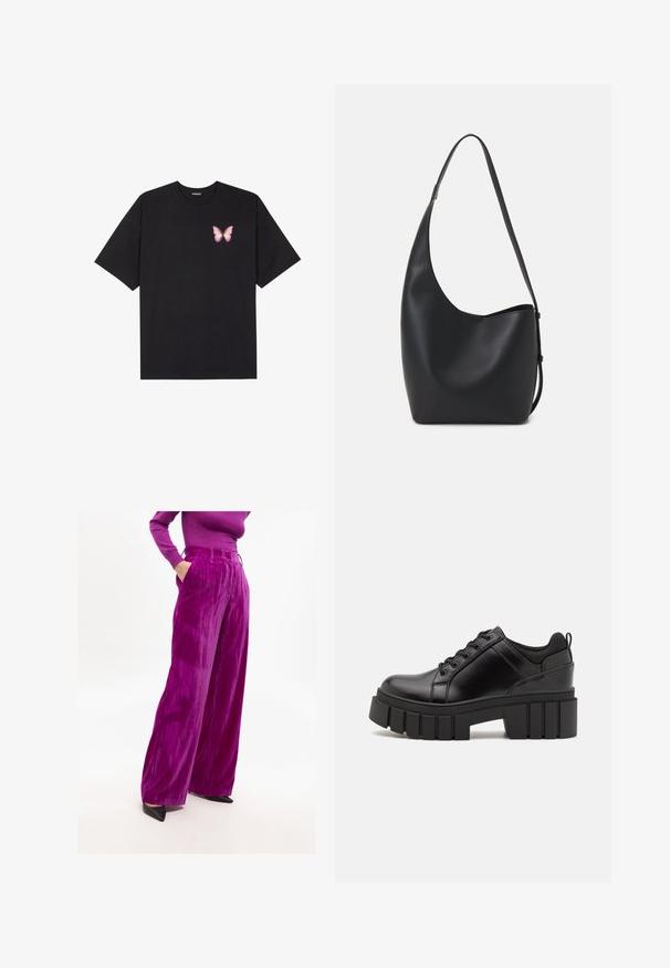 Crna pamučna majica s kratkim rukavima, s malim grafičkim prikazom ružičaste vjetricaste s desne strane na prsima. Dizajn s okruglim izrezom i opuštenim krojem.; Živopisne ljubičaste hlače širokih nogavica od teksturiranog materijala, s visokim strukom i bočnim džepovima, u kombinaciji s crnim cipelama s špicastim vrhom.; Crne kožne platforme s debelim blok-peta, okruglim prstima i klasičnim dizajnom vezanja. Imaju gladak tekstur i minimalne detalje.; Crna kožna hobo torba s glatkom teksturom, zakrivljenim oblikom i jednom podesivom trakicom; ima širok otvor na vrhu.