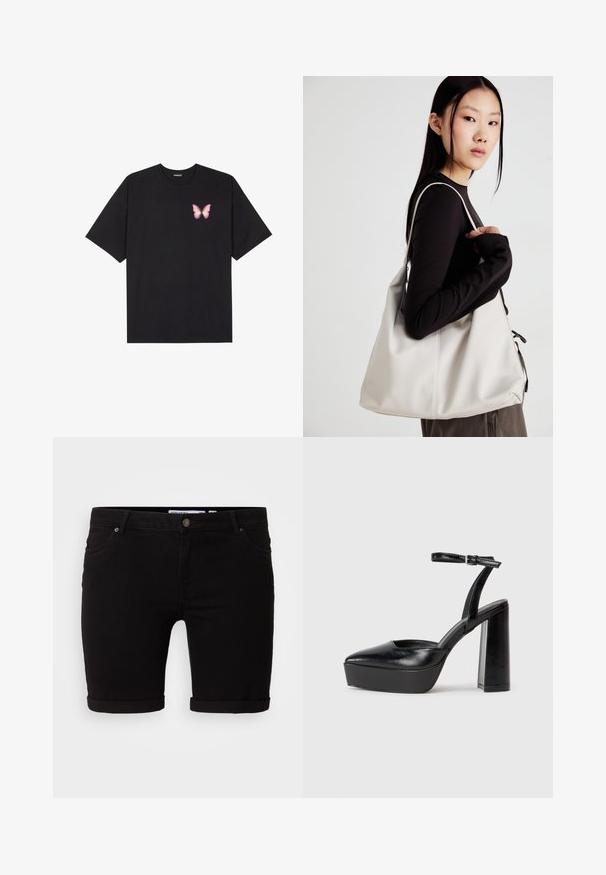 Tricou negru din bumbac cu mâneci scurte, având pe partea stângă a pieptului un mic grafic cu un fluture roz. Design cu guler rotund și croială lejeră.; Shorts din denim negru cu o croială dreaptă, cu tivuri răsucite, închidere cu nasture frontal și buzunare laterale. Textură netedă și design minim.; Pantofi cu toc platformă negri, cu vârful ascuțit și curea reglabilă la gleznă. Confecționați din piele netedă, având un toc gros.; Geantă bej din material moale, cu un design lejer, detalii cusute și două bretele pentru umăr. Potrivită pentru utilizarea zilnică.