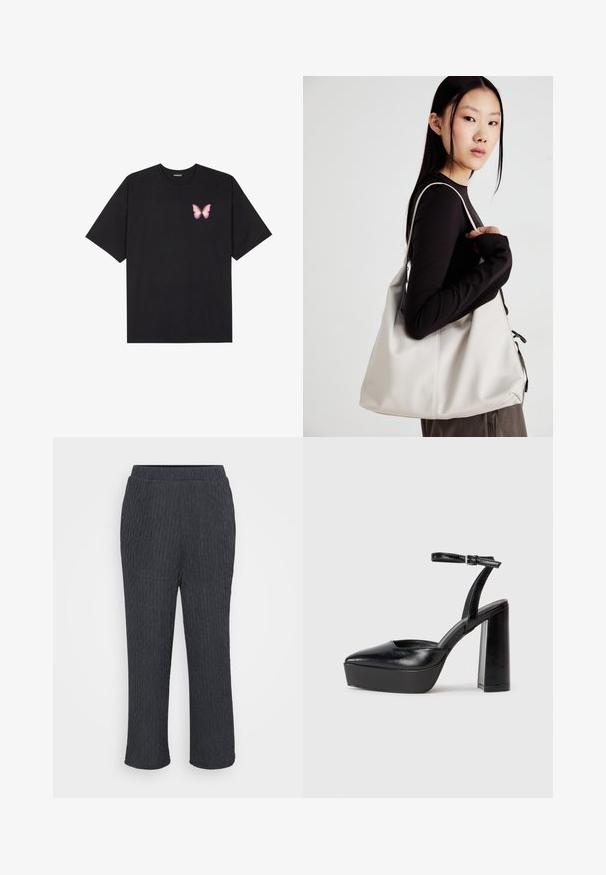 Svart bomulls T-skjorte med korte ermer, med en liten rosa sommerfugl grafikk på venstre bryst. Crew-neck design med en avslappet passform.; Mørkegrå bukser med en teksturert, ribbet design, med elastisk midjebånd og innsnørte ben. Laget av lett, mykt materiale.; Sorte plattformhelter med spiss tå og justerbar ankelrem. Laget av glatt lær, med en robust blokkhel.; Beige håndveske laget av mykt materiale, med en slapp design, sydd detaljer og to skulderstropper. Passer for daglig bruk.