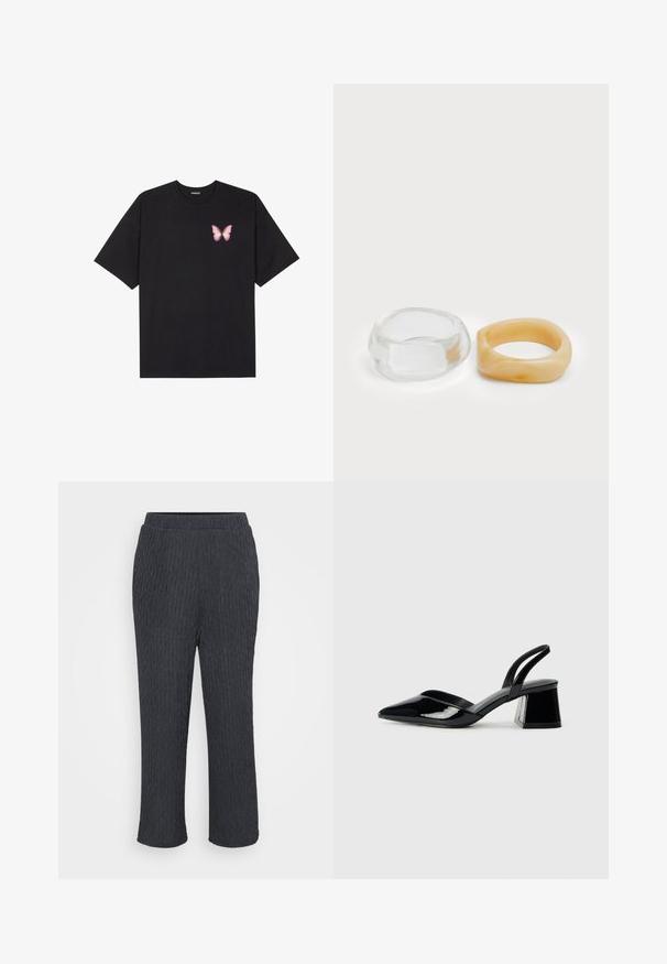 Svart bomulls T-skjorte med korte ermer, med en liten rosa sommerfugl grafikk på venstre bryst. Crew-neck design med en avslappet passform.; Mørkegrå bukser med en teksturert, ribbet design, med elastisk midjebånd og innsnørte ben. Laget av lett, mykt materiale.; Svarte patentlær slingback hæler med spiss tå og geometrisk blokk hæl. Har et stilrent, minimalistisk design og jevn tekstur.; Klare og ravfargede harer, den ene glatt og gjennomsiktig, den andre med en teksturert, ravfarget finish. Begge har avrundede, kraftige design.