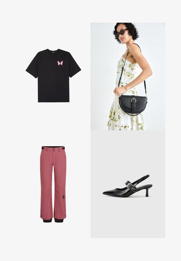 Černé bavlněné tričko s krátkým rukávem, na levém prsou s malou grafikou růžové motýlky. Design s kruhovým výstřihem a volným střihem.; Červené sněhové kalhoty s texturovaným povrchem, černé elastické manžety na kotnících, přední kapsy a štítek značky na dolní části levé nohavice.; Černé lakované boty na podpatku typu slingback s špičatou špičkou a malým blokovým podpatkem, které mají na pásku stříbrný přezkový akcent.; Černá kožená kabelka s křivkovým tvarem, odnímatelným popruhem a zlatými detaily. Kabelka má klopu s přezkou.