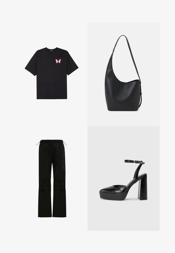 Schwarzes Baumwoll-T-Shirt mit kurzen Ärmeln, das ein kleines pinkes Schmetterlingsmotiv auf der linken Brust zeigt. Crewneck-Design mit einem entspannten Schnitt.; Schwarze, leichte Hosen mit einem elastischen Taillenbund, Kordelzug-Anpassungen, seitlichen Taschen und geradem Beinschnitt. Glatte Textur.; Schwarze Plateau-High Heels mit spitzem Zeh und verstellbarem Knöchelriemen. Gefertigt aus glattem Leder und mit einem klobigen Blockabsatz.; Schwarze Leder-Hobo-Tasche mit einer glatten Textur, geschwungener Form und einem einzelnen verstellbaren Tragegurt; verfügt über eine weite Öffnung am oberen Ende.