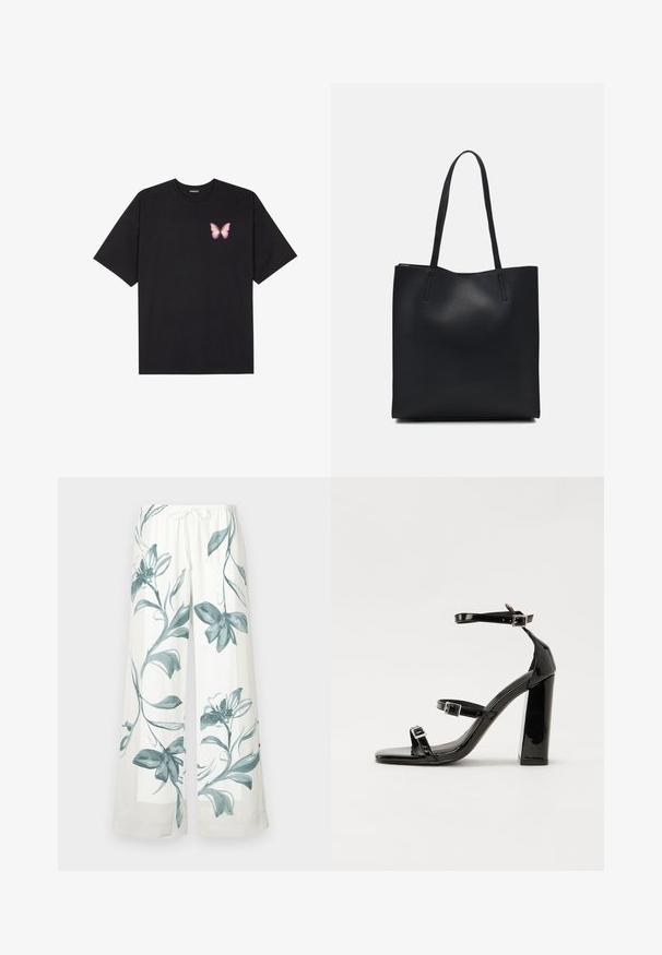 Sort bomulds T-shirt med korte ærmer, prydet med en lille pink sommerfugl grafik på venstre bryst. Rund hals design med en afslappet pasform.; Højtaljede, vidde bukser i hvidt stof med blå blomster mønstre. Elastisk talje med snore, glat tekstur, afslappet design.; Sorte patenterede hælsandaler med firkantet tå, ankelremme og sølvspænder. Har en chunky blokHæl for stabilitet.; Sort læder tote taske med glat tekstur, rektangulær form og to lange hanke. Ingen synlig hardware eller udsmykninger.