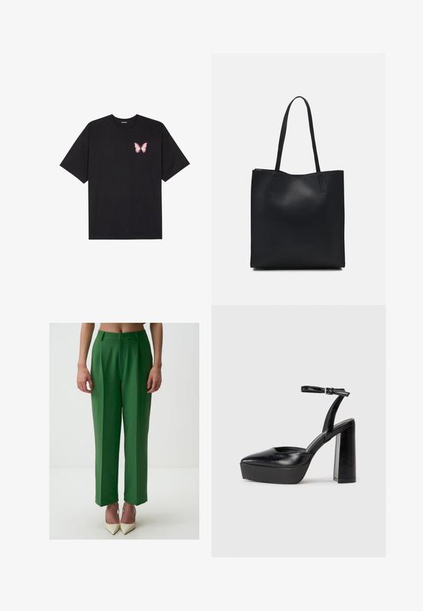 T-shirt en coton noir à manches courtes, avec un petit graphique de papillon rose sur la poitrine gauche. Modèle à col rond avec une coupe décontractée.; Pantalon vert ajusté à coupe droite, avec une texture lisse, des poches avant dissimulées et une taille classique.; Escarpins noirs à plateforme avec un bout pointu et une sangle réglable à la cheville. Conçus en cuir lisse, avec un large talon bloc.; Sac fourre-tout en cuir noir avec une texture lisse, de forme rectangulaire et deux longues poignées. Pas de matériel ou d'ornementations visibles.