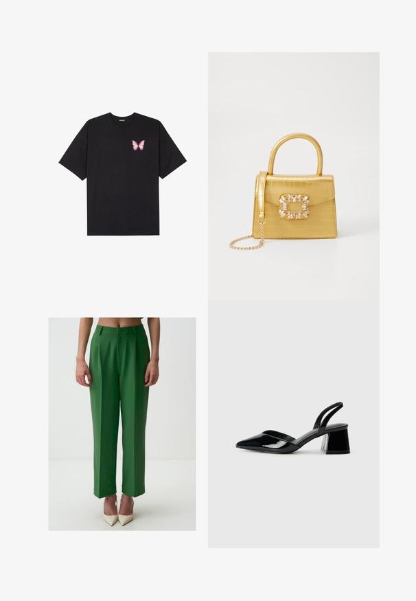 Zwarte katoenen t-shirt met korte mouwen, voorzien van een kleine roze vlinder graphic op de linkerkant van de borst. Crew neck ontwerp met een relaxte fit.; Groene op maat gemaakte broeken met een hoge taille, wijde benen en voorgesneden plooien. De stof heeft een gladde textuur, aangevuld met puntige witte hakken.; Zwarte gepatineerde leren slingback hakken met een spitse neus en een geometrische blokhak. Kenmerkt zich door een slank, minimalistisch ontwerp en een gladde textuur.; Geel faux-krokodillenhandtas met een gestructureerd ontwerp, bovenhandvat, afneembare kettingriem en decoratieve kristallen versiering op de sluiting.