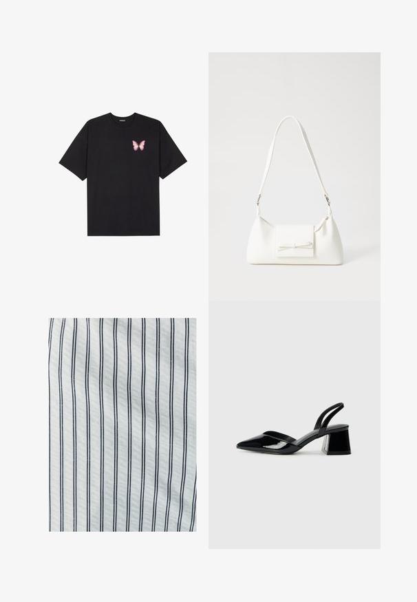 Black cotton t-shirt with short sleeves, featuring a small pink butterfly graphic on the left chest. Crew neck design with a relaxed fit.; Cotton fabric with vertical white and dark blue stripes. The texture is smooth, featuring consistent spacing between the lines.; Black patent leather slingback heels with a pointed toe and a geometric block heel. Features a sleek, minimal design and smooth texture.; White synthetic handbag with a triangular shape, flat front flap and bow detail, adjustable strap, smooth texture, and minimalistic design.