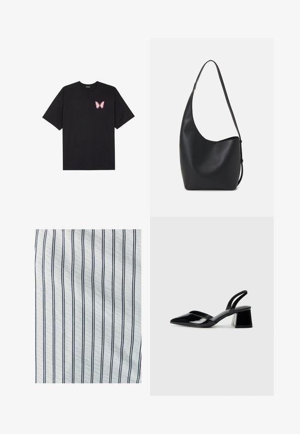 T-shirt en coton noir à manches courtes, avec un petit graphique de papillon rose sur la poitrine gauche. Modèle à col rond avec une coupe décontractée.; Tissu en coton avec des rayures verticales blanches et bleu marine. La texture est lisse, avec un espacement constant entre les lignes.; Escarpins en cuir verni noir avec bout pointu et talon bloc géométrique. Présente un design élégant et minimaliste ainsi qu'une texture lisse.; Sac hobo en cuir noir avec une texture lisse, une forme incurvée et une seule sangle réglable ; dispose d'une large ouverture en haut.