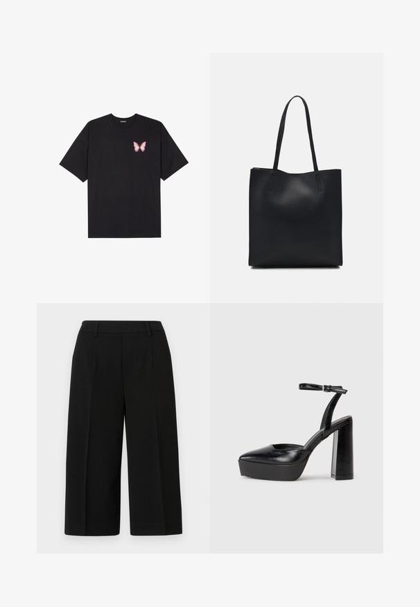 Svart bomulls T-skjorte med korte ermer, med en liten rosa sommerfugl grafikk på venstre bryst. Crew-neck design med en avslappet passform.; Sorte, vide bukser med et skræddersyet design, der har en glat tekstur, frontfolder og en standard taljeelastik.; Sorte plattformhelter med spiss tå og justerbar ankelrem. Laget av glatt lær, med en robust blokkhel.; Svart lær tote bag med glatt tekstur, rektangulær form og to lange håndtak. Ingen synlige deler eller dekorasjoner.
