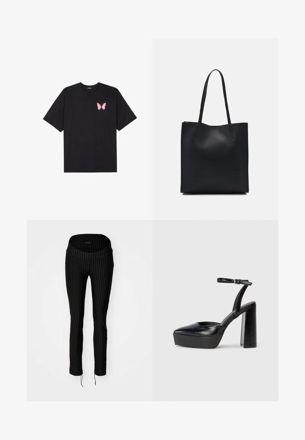 Svart bomulls T-skjorte med korte ermer, med en liten rosa sommerfugl grafikk på venstre bryst. Crew-neck design med en avslappet passform.; Sorte pinstripede bukser med en bred, foldet talje og snore i bunden. Lavet af et strækbart materiale, der giver en tætsiddende silhuet.; Sorte plattformhelter med spiss tå og justerbar ankelrem. Laget av glatt lær, med en robust blokkhel.; Svart lær tote bag med glatt tekstur, rektangulær form og to lange håndtak. Ingen synlige deler eller dekorasjoner.