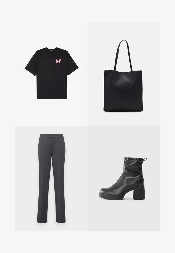 Svart bomullströja med korta ärmar, med en liten rosa fjärilsgrafik på vänster bröst. Rundad halsdesign med en avslappnad passform.; Grå byxor med rak benform, slät textur och bred midja. Har sidfickor för praktisk användning.; Svarta ankelstövlar i slitstark läder, med sidodragkedja, kraftig strukturerad klack och rundad tådesign.; Svart lädertoffelväska med slät textur, rektangulär form och två långa handtag. Ingen synlig hårdvara eller dekorationer.