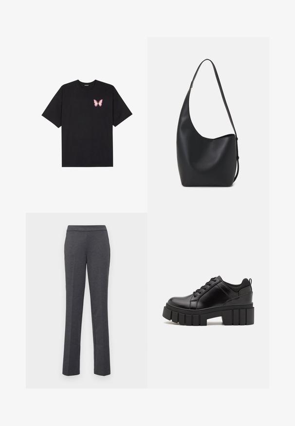 Must muströöpidega must puuvillane T-särk, vasakul rinnal on väike roosa liblikas. Ümar kaelus ja vabalt istuv lõige.; Hallide püksid sirge jalaga, siledast materjalist ja laia vöökohtaga. Sisaldab külgtaskuid praktilisuse jaoks.; Must musta platvormsussid paksu plokkninal, ümmarguse varbaga ja traditsioonilise nööridega kinnitamisega. Sussid on sileda tekstuuriga ja minimaalsete detailidega.; Mustast nahast hobo kott, millel on sile tekstuur, kumer kuju ja üks reguleeritav rihm; peal on lai avaus.