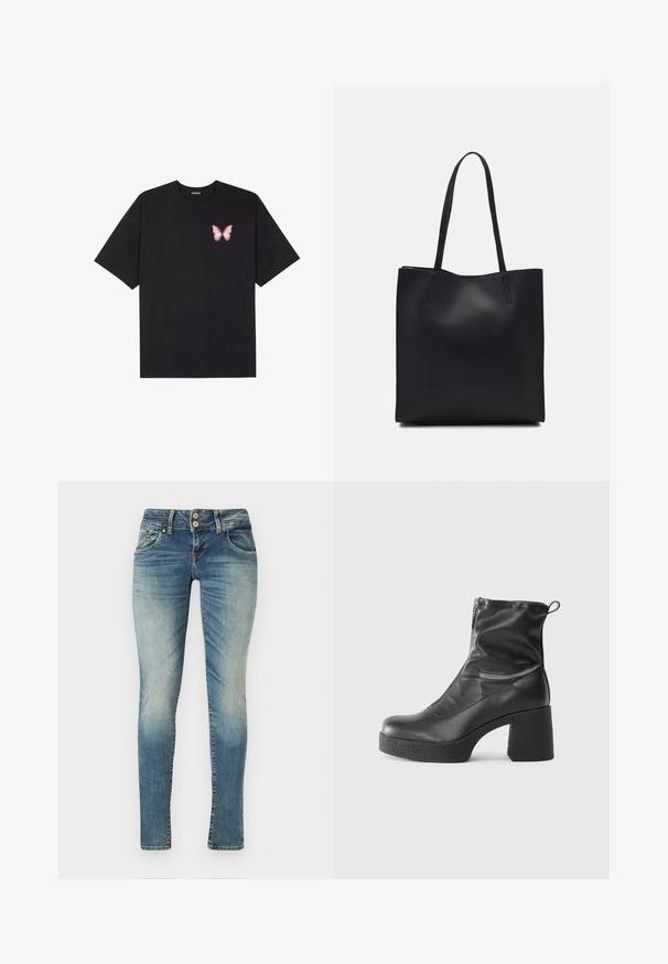 Crna pamučna majica s kratkim rukavima, s malim grafičkim prikazom ružičaste vjetricaste s desne strane na prsima. Dizajn s okruglim izrezom i opuštenim krojem.; Uža plava traperica s laganim izbljeđivanjem, pet džepova, zatvaranje s dva gumba i kontrastno šavljenje na šavovima.; Crne gležnjače od glatke kože, s bočnim zatvaračem, debelim teksturiranim potplatom i dizajnom s zaobljenim prstima.; Crna kožna torba za nošenje s glatkom teksturom, pravokutnim oblikom i dvije duge ručke. Nema vidljivih metalnih dijelova ili ukrasa.