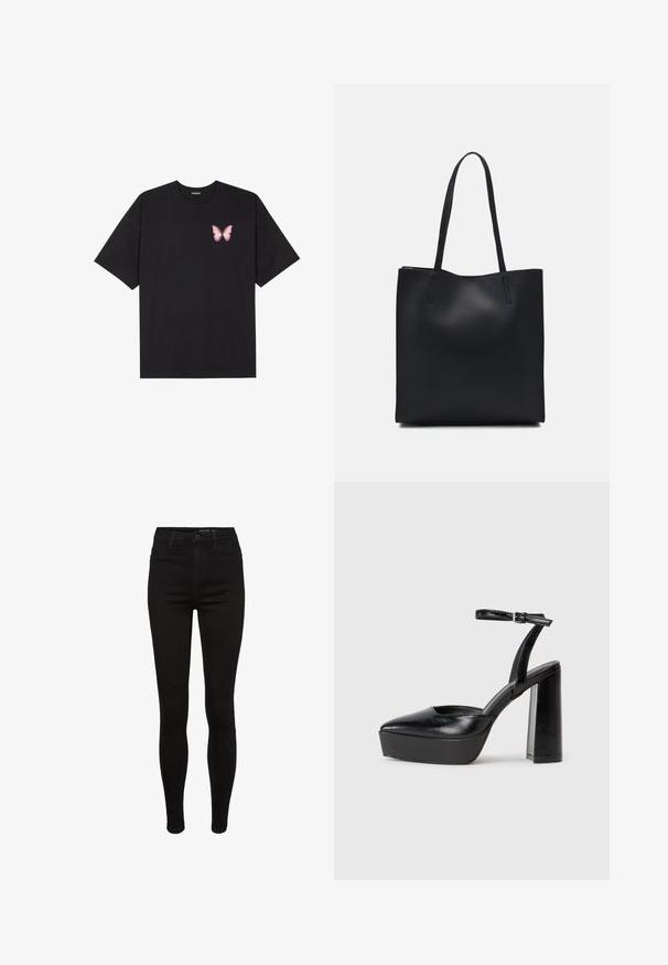 T-shirt de algodão preto com mangas curtas, apresentando um pequeno gráfico de borboleta rosa no lado esquerdo do peito. Design de gola redonda com um corte solto.; Jeans skinny de ganga preta com uma cintura alta, design de cinco bolsos, passantes para cinto e detalhes de costura sutis. Textura suave, forma ajustada.; Saltos altos pretos com bico fino e atilho ajustável no tornozelo. Confeccionados em couro suave, apresentam um salto bloco robusto.; Bolsa tote preta em couro com textura lisa, forma retangular e duas alças longas. Sem hardware ou enfeites visíveis.