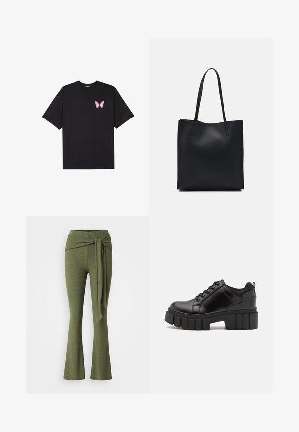 Fekete pamut póló rövid ujjakkal, bal mellkason egy kis rózsaszín pillangó grafikával. Kerek nyakú kialakítás, laza fazonnal.; Olive zöld nadrág puha anyagból, szélesített szárú fazonnal. Különleges csomó részlettel a magas derékon.; Fekete bőr platform cipők vaskos blokk sarkakkal, kerek orral és hagyományos fűzős kialakítással. Simára csiszolt felület és minimális részletezés jellemzi.; Fekete bőrtáska sima felszínnel, téglalap alakú, két hosszú füllel. Nincs látható fémkiegészítő vagy díszítés.