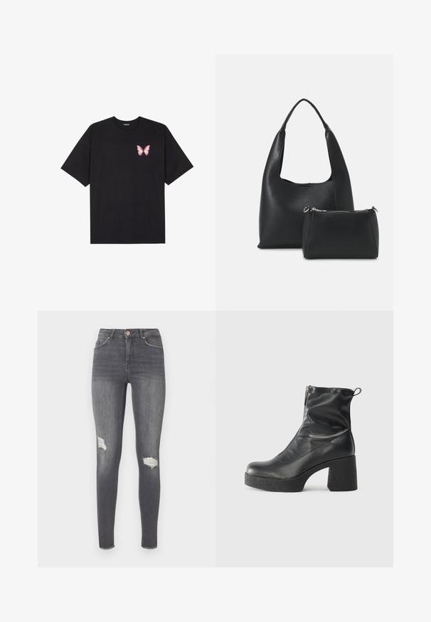 T-shirt de algodão preto com mangas curtas, apresentando um pequeno gráfico de borboleta rosa no lado esquerdo do peito. Design de gola redonda com um corte solto.; Os jeans skinny em denim cinza escuro apresentam rasgos perto dos joelhos, uma cintura alta e bainhas desfiadas. Um botão cobre detalha o fecho frontal.; Botas de tornozelo pretas feitas de couro liso, com fecho lateral, salto grosso texturizado e design de bico arredondado.; Even&Odd Mala de mão - black