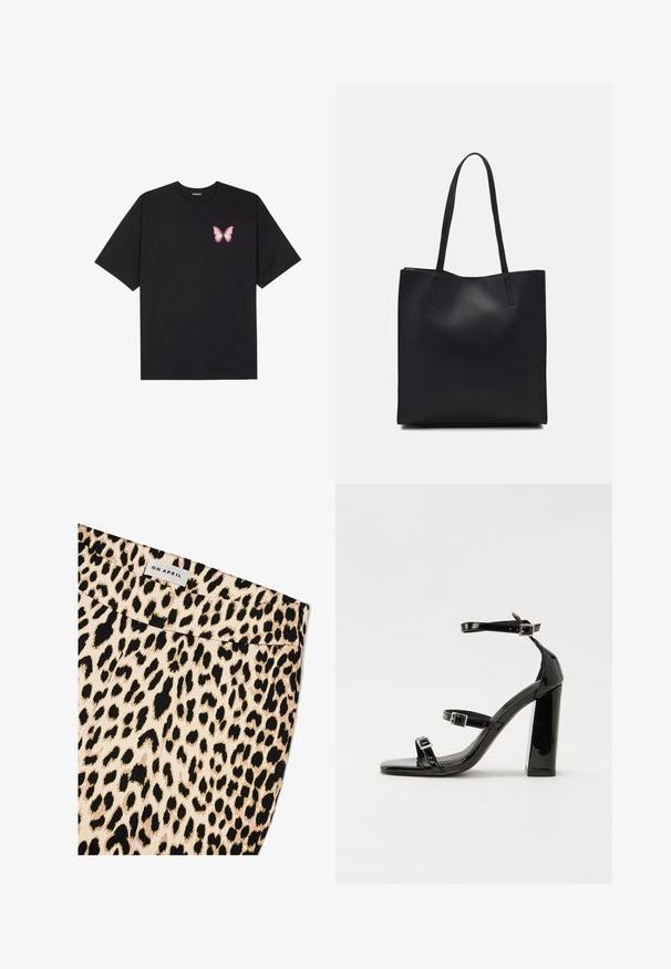 Juodas medvilnės marškinėliai trumpomis rankovėmis, su maža rožine drugelio grafika kairėje krūtinės pusėje. Apvalus kaklo iškirpimas, laisvas kirpimas.; Leopardų rašto audinys su kreminės ir juodos spalvų palete. Pasižymi lygiu tekstūru ir tiesia juosmens juosta su užrašu "OH APRIL."; Juoda blizgi lakuota basutė su kvadratiniu pirštu, kulkšnies dirželiais ir sidabro sagtimis. Yra tvirta blokinė kulno konstrukcija, užtikrinanti stabilumą.; Juodas odinis tote krepšys su lygia tekstūra, stačiakampio formos ir dviem ilgais rankenomis. Matomų metalinių detalių ar puošybos nėra.