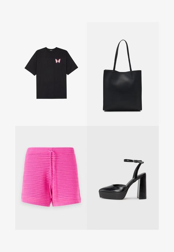 Schwarzes Baumwoll-T-Shirt mit kurzen Ärmeln, das ein kleines pinkes Schmetterlingsmotiv auf der linken Brust zeigt. Crewneck-Design mit einem entspannten Schnitt.; Rosa gestrickte Shorts mit einem strukturierten Muster, elastischem Bund mit verstellbarem Kordelzug und einem Schnitt bis zur Mitte des Oberschenkels.; Schwarze Plateau-High Heels mit spitzem Zeh und verstellbarem Knöchelriemen. Gefertigt aus glattem Leder und mit einem klobigen Blockabsatz.; Schwarze Laptoptasche aus Leder mit glatter Textur, rechteckiger Form und zwei langen Griffen. Keine sichtbaren Beschläge oder Verzierungen.