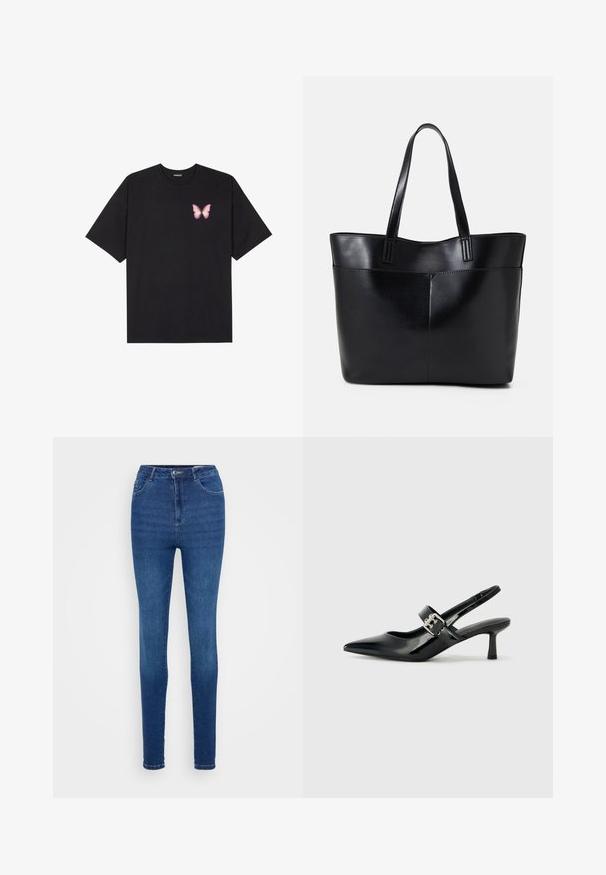 Fekete pamut póló rövid ujjakkal, bal mellkason egy kis rózsaszín pillangó grafikával. Kerek nyakú kialakítás, laza fazonnal.; Kék farmernadrág, slim fit szabással, magas derékkal, övhurkokkal és két elülső zsebbel. Simaság jellemzi, klasszikus öt zsebes kialakítással.; Fekete lakkbőr slingback sarkú cipők hegyes orral és kis blokk talppal, ezüst csat díszítéssel a pánton.; Fekete bőr bevásárlótáska két hosszú fogantyúval, sima felülettel és strukturált formával. Elülső zseb található rajta a plusz tárolás érdekében.