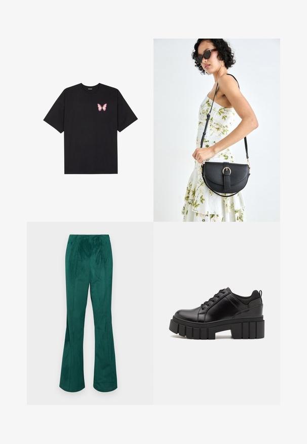 T-shirt de algodão preto com mangas curtas, apresentando um pequeno gráfico de borboleta rosa no lado esquerdo do peito. Design de gola redonda com um corte solto.; Calças de veludo cotelê verdes, com cintura elástica e textura estriada vertical. Apresentam um corte reto da cintura até a bainha.; Sapatos de plataforma em couro preto com um salto bloco robusto, bico redondo e design clássico de atacadores. Apresentam uma textura suave e detalhes mínimos.; Bolsa de couro preta com forma curva, alça destacável e detalhes em dourado. A bolsa possui uma aba com detalhe de fivela.