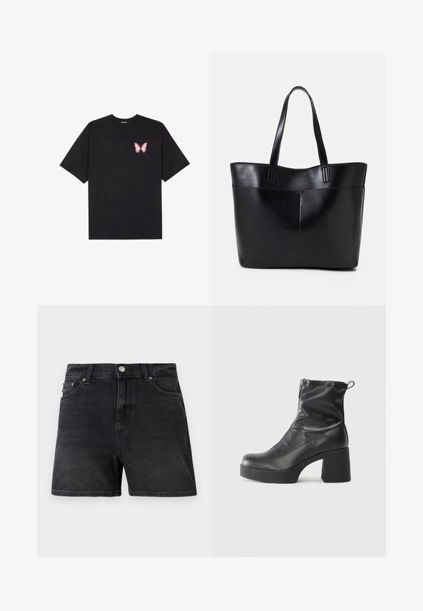 T-shirt nera in cotone con maniche corte, caratterizzata da una piccola grafica di una farfalla rosa sul lato sinistro del petto. Design a girocollo con una vestibilità rilassata.; Pantaloni corti in denim nero con un taglio classico, caratterizzati da una chiusura con bottone, tasche frontali e una finitura del tessuto liscia e leggermente testurizzata.; Stivali neri alla caviglia in pelle liscia, con zip laterale, tacco spesso e texture, e punta arrotondata.; Borsa a tracolla in pelle nera con due manici lunghi, una texture liscia e una forma strutturata. Presenta una tasca frontale per ulteriore spazio di archiviazione.