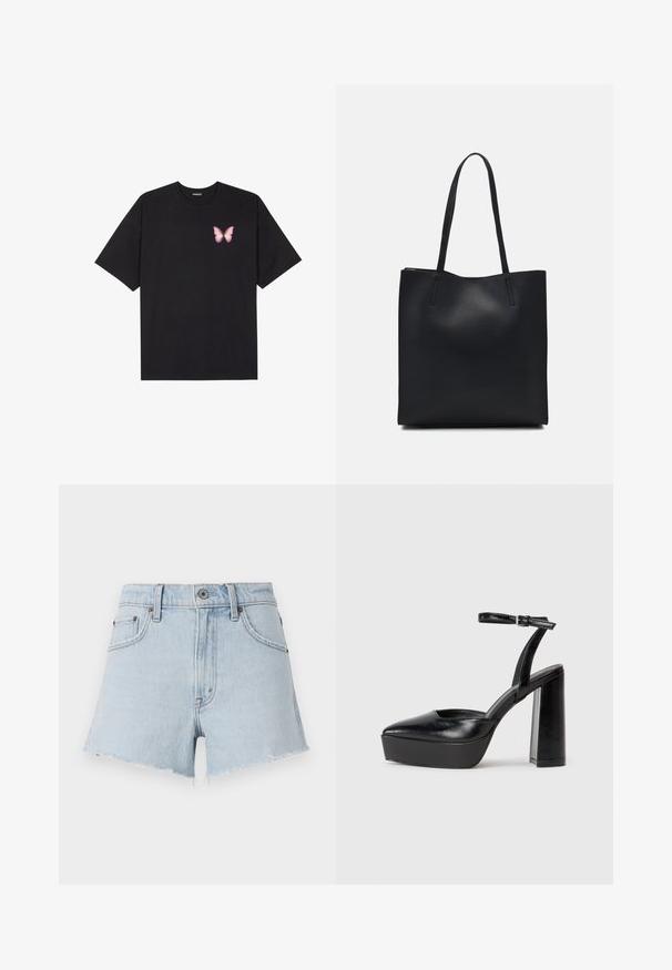 Must muströöpidega must puuvillane T-särk, vasakul rinnal on väike roosa liblikas. Ümar kaelus ja vabalt istuv lõige.; Heledad sinine teksaseelik, millel on kõrge vöökoht, kulunud äär ja viis taskut. Omab metallnuppu ja kontrastõmblust.; Mustad platvormi kontsad terava ninaga ja reguleeritava pahkluuraamiga. Valmistatud siledast nahast, funktsioneerib massiivse plokknäheeliga.; Mustast nahast kott sujuva tekstuuriga, ristkülikukujuline ja kahe pika sangaga. Pole nähtavat riistvara ega kaunistusi.