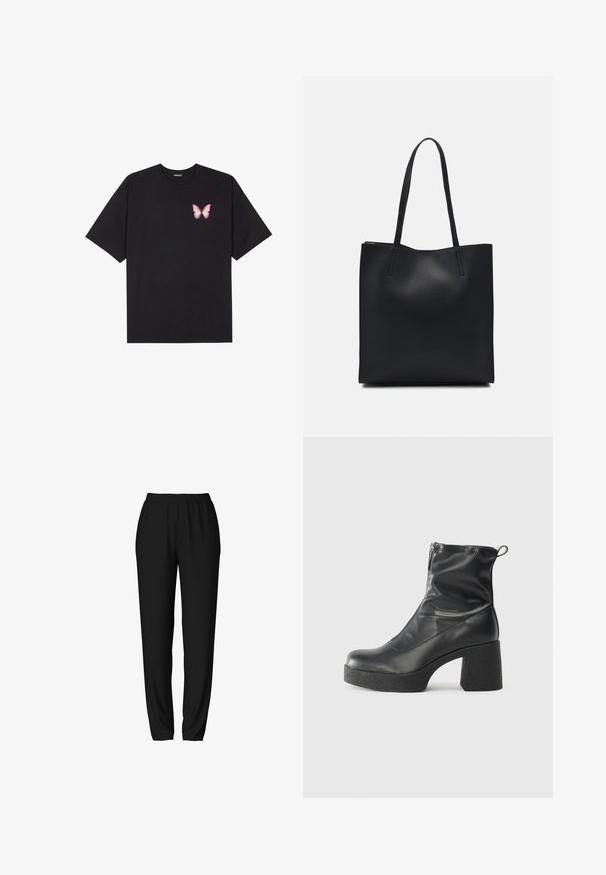 Schwarzes Baumwoll-T-Shirt mit kurzen Ärmeln, das ein kleines pinkes Schmetterlingsmotiv auf der linken Brust zeigt. Crewneck-Design mit einem entspannten Schnitt.; Schwarze Jogginghosen mit einem elastischen Bund, schmal zulaufenden Beinen und einer glatten, weichen Textur. Einfaches, funktionelles Design ohne zusätzliche Akzente.; Schwarze Stiefeletten aus glattem Leder mit seitlichem Reißverschluss, klobigem strukturiertem Absatz und runder Zehenform.; Schwarze Laptoptasche aus Leder mit glatter Textur, rechteckiger Form und zwei langen Griffen. Keine sichtbaren Beschläge oder Verzierungen.