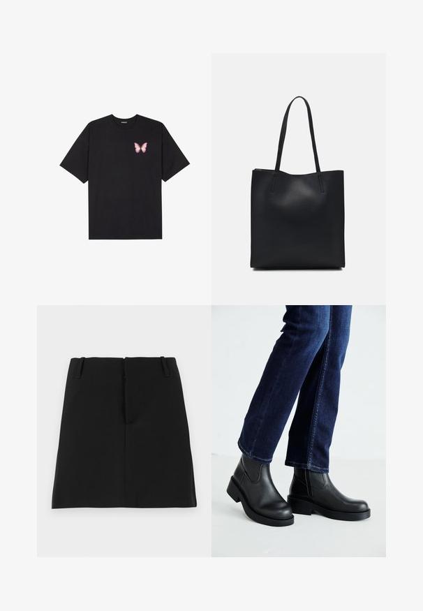 Melna kokvilnas T-krekls ar īsām piedurknēm, kuram priekšā kreisajā pusē ir neliels rozā tauriņa grafiskais attēls. Ar apaļu kaklu un brīvā stila piegriezumu.; Melna mini svārku, ar pieguļošu dizainu, kurā ir divas priekšējās kabatas un taisna mala. Izgatavota no gludas auduma, bez redzamām rakstainām.; Melnas ādas potīšu zābaki ar masīvu zoli un sānu elastīgām daļām, kombinēti ar tumši ziliem džinsiem. Zeme ir gaišā krāsā.; Melnas ādas somiņa ar gludu tekstūru, taisnstūra formu un divām garām rokturiem. Nav redzamu aparatūras vai rotājumu.